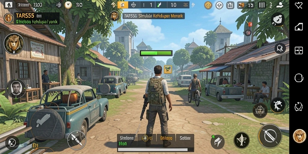 Screenshot gameplay TAR555 menunjukkan karakter terlibat dalam aktivitas harian.